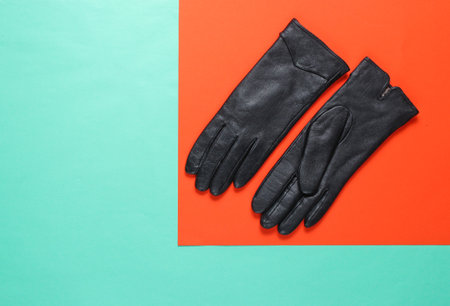 Leather gloves on a creative color background. Top view. Fashion minimalismの写真素材