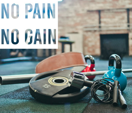 Inscription words  No pain no gain. Disassembled barbell, medicine ball, kettlebell, dumbbell, jump...
