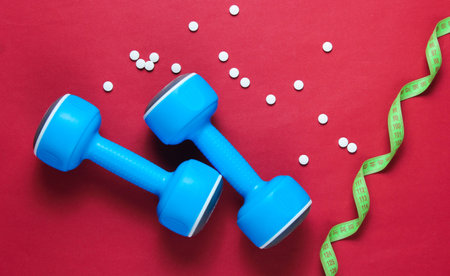 Sport weight loss concept. Dumbbells, ruler, pills on red background. Minimalism. Top viewの写真素材