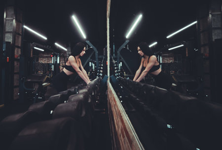 Young fit woman taking a dumbbell from the rack and looking directly into the mirror in the gym.の写真素材