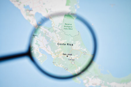 UKRAINE, ODESSA - APRIL 25, 2019: Costa Rica on google maps through magnifying glassのeditorial素材
