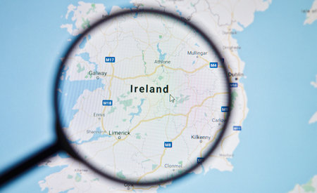 UKRAINE, ODESSA - APRIL 25, 2019: Ireland on google maps through magnifying glassのeditorial素材