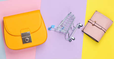 Shopaholic minimalistic concept. Bag,purse, mini shopping trolley on pastel background. Top viewの写真素材