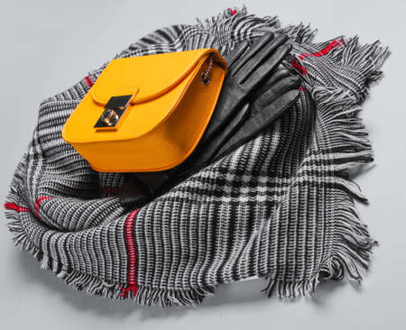 Autumn women's accessories. Fashionable female scarf, yellow bag, gloves on gray background. Side viewの写真素材