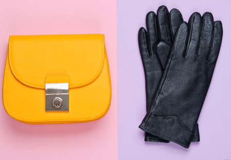 Minimalist fashion. Women's trendy accessories on a pastel background. Leather purse, gloves. Top viewの写真素材