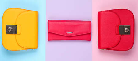 Fashion minimalistic concept. Two bags, purse on pastel background. Top viewの写真素材