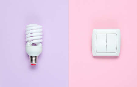 Economy light bulb, switch on pastel background. Top view. Minimalism electro consumer concept