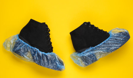 Black suede boots with shoe covers on yellow background. Over view