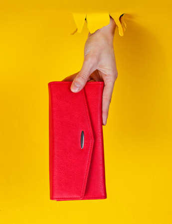Female hand holding a red wallet through torn yellow paper. Minimalistic creative fashion concept