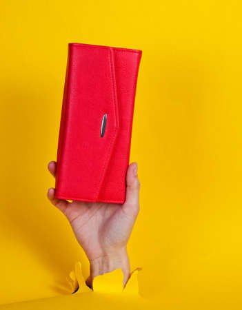 Female hand holding a red wallet through torn yellow paper. Minimalistic creative fashion concept