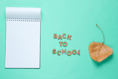 School time minimal concept. Notepad, autumn fallen leaves on blue background with slogan back to school from wooden letters.の写真素材
