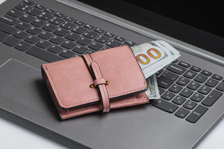 Online shopping minimalistic concept. Purse with dollar bills on laptop keyboardの写真素材