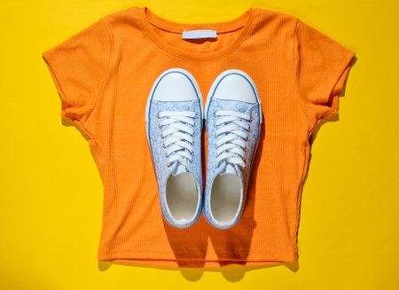 Minimalism fashion concept. Trendy sneakers on an orange T-shirt on a yellow background. Top viewの写真素材