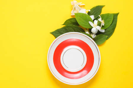 Empty saucer with a linden branch on a white background. Top viewの写真素材
