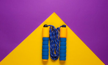 Minimalism fitness concept. Skipping rope on purple yellow background. Top view