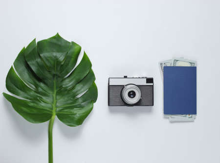 Traveled minimalistic still life. Monstera leaf, retro camera, passport with dollar bills on a white background. Top viewの写真素材