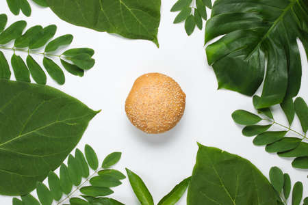 Bun with sesame seeds on a white background with green tropical leavesの写真素材
