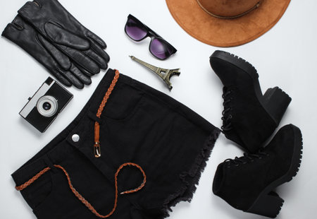 Fashionable women's clothing and image accessories on a white background. Denim shorts, boots, gloves, sunglasses, a retro camera. Flat lay styleの写真素材