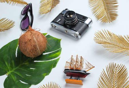 Creative vacation on sea background. Travel beach accessories on background with green monstera and golden tropical palm leaves.の写真素材