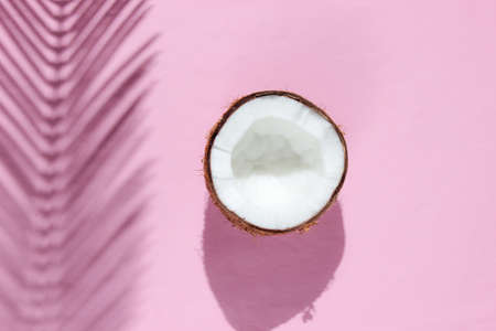 Minimalistic tropical still life. Two halves of chopped coconut with shadows from palm leaves on pink background. Creative fashion concept. Top view.の写真素材