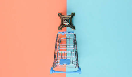 Shopping in Paris minimalistic concept. Shopping trolley, eiffel tower figurine on pastel colored background. Top viewの写真素材