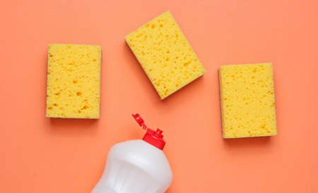 Set of housewives for washing dishes. Dishwasher. Bottle of washing utensils, sponges on coral color background. Top view.の写真素材