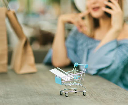 Online shopping concept. Mini shopping trolley with a bank card close-up with blurred background of young attractive shopaholic womanの写真素材