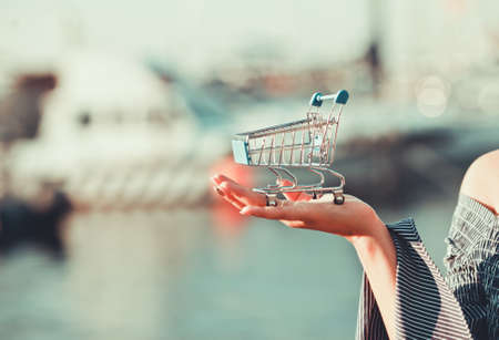 Shopping concept. Mini shopping trolley stands on the palm of a woman's hand outdoor