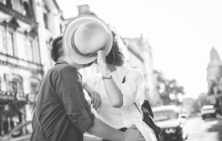 Romantic youth concept. Young stylish hipster couple in love at the city.の写真素材