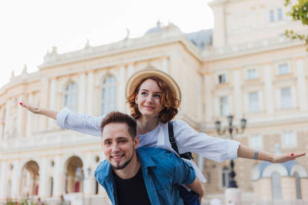 Romantic youth concept. Young stylish hipster couple in love at the city.の写真素材