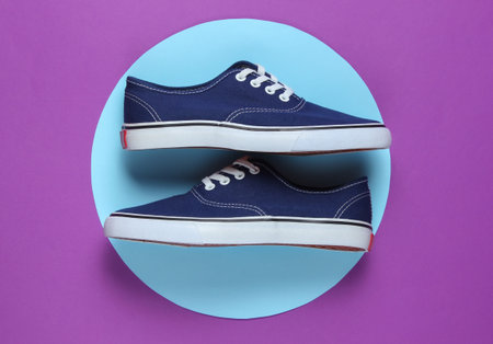 Sneaker in the middle of purple background with blue pastel circle. Youth hipster concept. Summer...