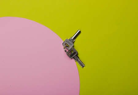 Metal keys on a colored paper background. Studio fashion shot.の写真素材