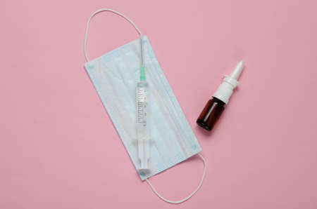 Treatment of colds, runny nose. Minimalistic medicine still life. Top view. Studio shot