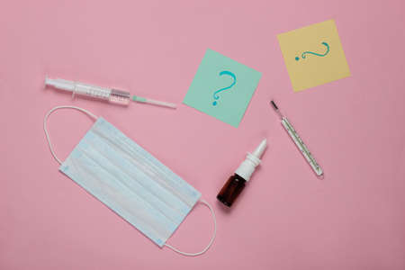 Treatment of colds, runny nose. Minimalistic medicine still life. Top view. Studio shot