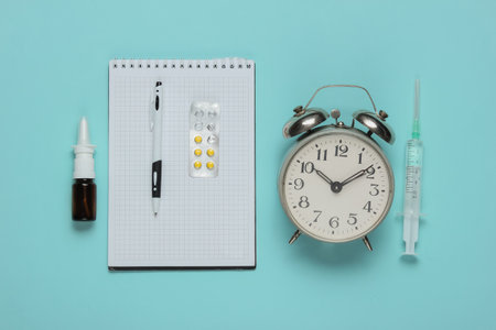 Time to take medicine. Medical still life on a blue studio background. Top view. Flat lay