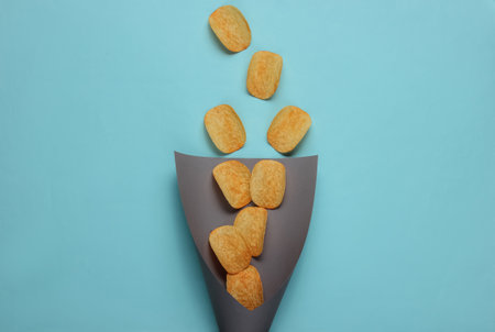 Chips slices in paper bag on blue background. Top viewの写真素材