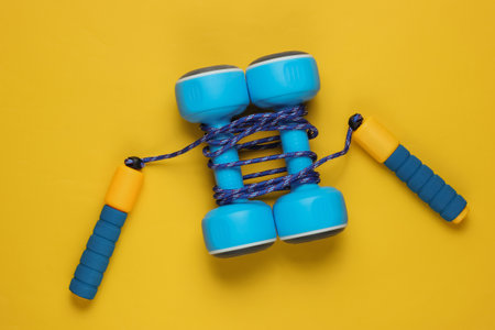 Minimalistic sport still life. Skipping rope wrapped dumbbells on yellow background. Top viewの写真素材