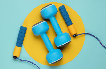 Minimalistic sport still life. Skipping rope and dumbbells on yellow blue pastel background. Top viewの写真素材
