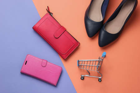 Studio fashion shot. Shopping concept. High-heeled shoes, red wallet, smartphone in leather case, shopping trolley on colored background. Top viewの写真素材