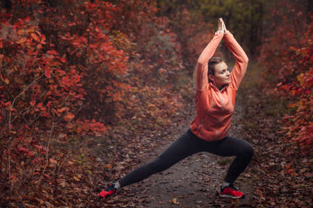 Young slim fit woman in sportswear practicing asana yoga exercise in the autumn forest with reddened leavesの写真素材