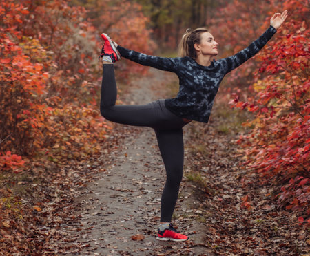 Young slim fit woman in sportswear practicing asana yoga exercise in the autumn forest with reddened leavesの写真素材