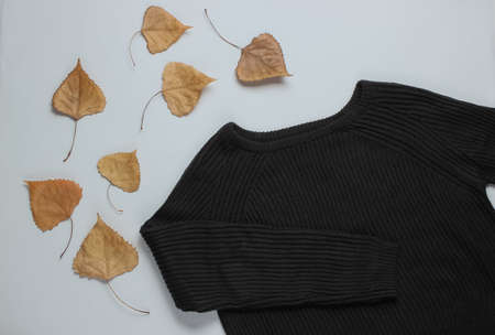 Black sweater with fallen leaves on white background. Autumn clothes. Top viewの写真素材