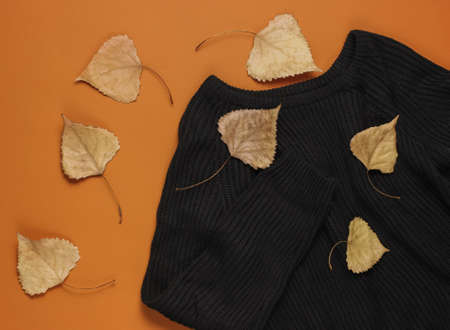 Black sweater with fallen leaves on a brown background. Autumn clothes. Top viewの写真素材