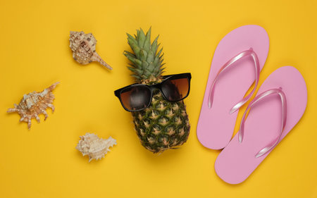 Summer background. Fun and humor. The concept of a beach holiday, travel. Pineapple with sunglasses, flip flops on yellow background. Top viewの写真素材