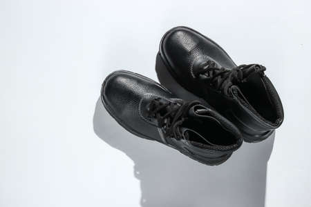 Work leather shoes isolated on white background. Safety gear. Top viewの写真素材