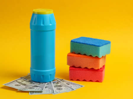 Detergent bottles, sponges for cleaning with hundred dollar bills on white backgroundの写真素材