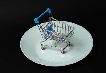 Mini shopping trolley on a white plate. Consumer concept