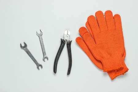 Set of professional work tools on a white background. Top viewの写真素材