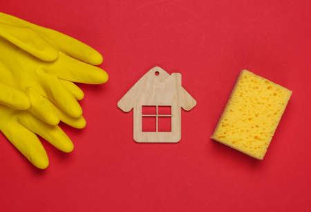 Housekeeping concept. Set of products for cleaning (gloves, sponge) and house figure on red...