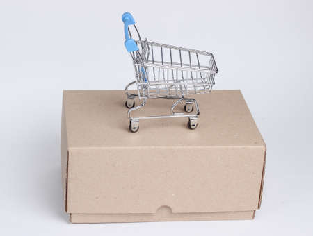 Mini shopping trolley on cardboard box isolated on white background